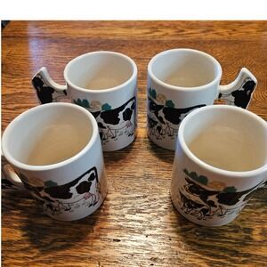 Vintage Cow Print Ceramic Coffee Mugs with Cow Shaped Handles Set of 4